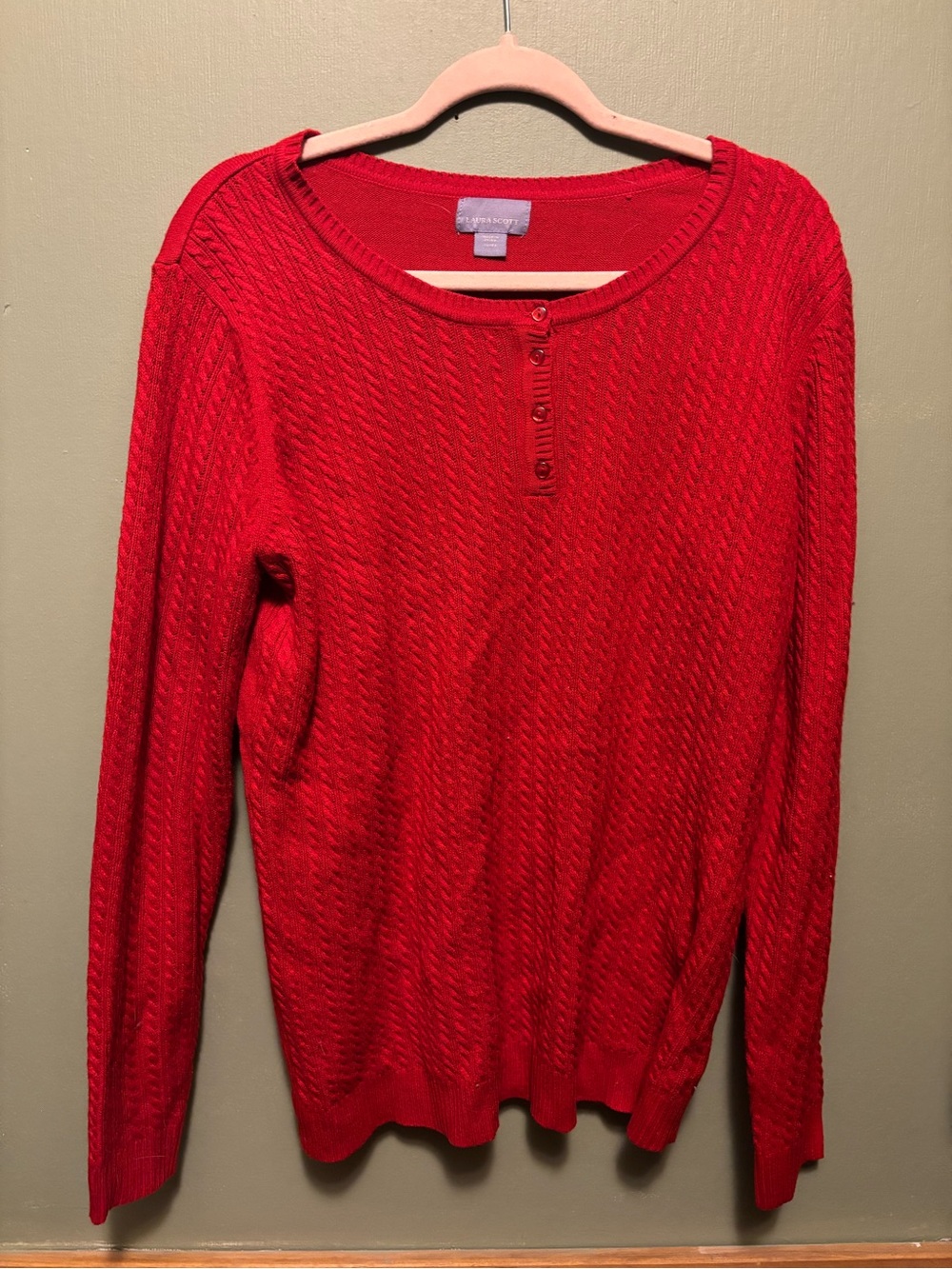 Laura Scott Red Cable-Knit Henley Sweater